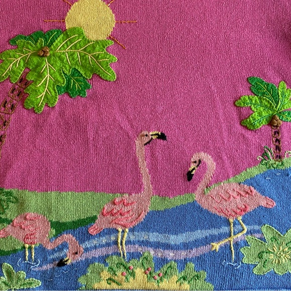 Vintage Quacker Factory 1X Pink Short-Sleeve Sweater Flamingoes w/Palm Trees - Picture 2 of 7